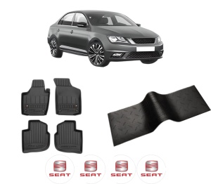Set 5 covorase auto SEAT TOLEDO IV (KG3) din 2012-2018, cu covoras tunel median, presuri auto din cauciuc, 4x Stickere auto cu SEAT - Img 2