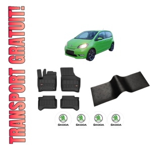 Set 5 covorase auto SKODA E-CITIGO (NE1) din 2015-2024, cu covoras tunel median, presuri auto din cauciuc, 4x Stickere auto cu SKODA