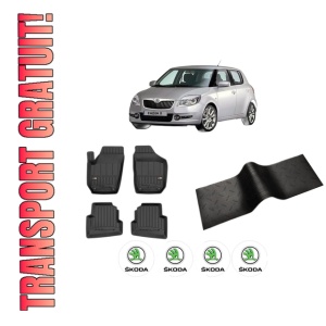 Set 5 covorase auto SKODA FABIA II (542) din 2007-2015, cu covoras tunel median, presuri auto din cauciuc, 4x Stickere auto cu SKODA