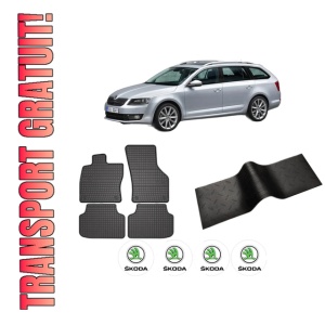 Set 5 covorase auto SKODA Octavia III Combi (5E5, 5E6) din 2015-2022, cu covoras tunel median, presuri auto din cauciuc, 4x Stickere auto cu SKODA