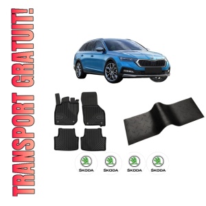 Set 5 covorase auto SKODA Octavia IV (NX3, NN3, PV3) din 2012-2019, cu covoras tunel median, presuri auto din cauciuc, 4x Stickere auto cu SKODA
