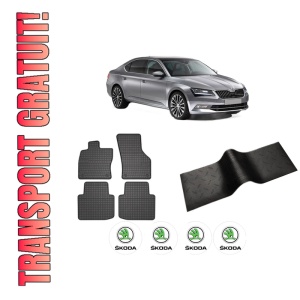 Set 5 covorase auto SKODA SUPERB III (3V3) din 2012-2018, cu covoras tunel median, presuri auto din cauciuc, 4x Stickere auto cu SKODA