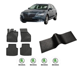 Set 5 covorase auto SKODA SUPERB III Estate (3V5) din 2019-2021, cu covoras tunel median, presuri auto din cauciuc, 4x Stickere auto cu SKODA - Img 2