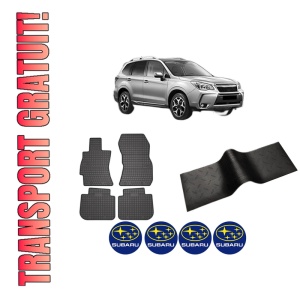 Set 5 covorase auto SUBARU FORESTER (SJ_) din 2017-2024, cu covoras tunel median, presuri auto din cauciuc, 4x Stickere auto cu SUBARU