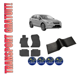Set 5 covorase auto SUBARU XV (_GP_) din 2003-2011, cu covoras tunel median, presuri auto din cauciuc, 4x Stickere auto cu SUBARU