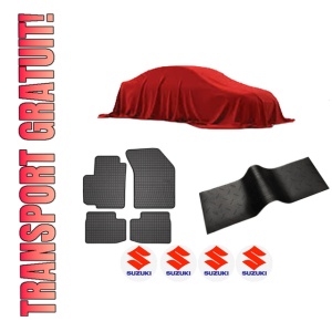 Set 5 covorase auto SUZUKI SX4 (EY, GY) din 2013-2020, cu covoras tunel median, presuri auto din cauciuc, 4x Stickere auto cu SUZUKI