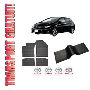 Set 5 covorase auto TOYOTA AURIS (_E18_) din 2007-2015, cu covoras tunel median, presuri auto din cauciuc, 4x Stickere auto cu TOYOTA