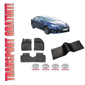 Set 5 covorase auto TOYOTA AVENSIS Saloon (_T27_) din 2014-2024, cu covoras tunel median, presuri auto din cauciuc, 4x Stickere auto cu TOYOTA