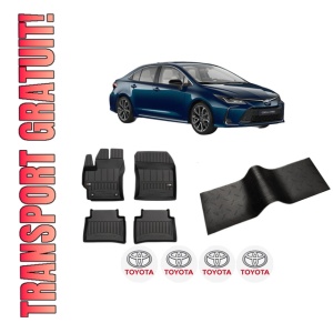 Set 5 covorase auto TOYOTA COROLLA Saloon (_E21_) din 2014-2018, cu covoras tunel median, presuri auto din cauciuc, 4x Stickere auto cu TOYOTA
