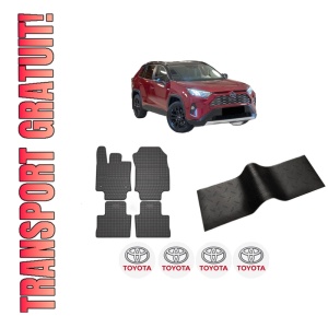 Set 5 covorase auto TOYOTA RAV 4 V (_A5_, _H5_) din 2015-2017, cu covoras tunel median, presuri auto din cauciuc, 4x Stickere auto cu TOYOTA