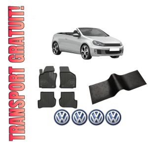 Set 5 covorase auto Volkswagen GOLF VI Convertible (517) din 2009-2013, cu covoras tunel median, presuri auto din cauciuc, 4x Stickere auto cu Volkswagen