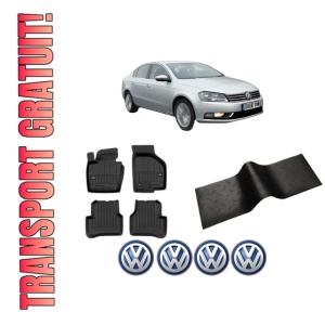 Set 5 covorase auto Volkswagen PASSAT B7 (A32, A33) din 2008-2012, cu covoras tunel median, presuri auto din cauciuc, 4x Stickere auto cu Volkswagen