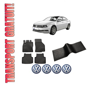Set 5 covorase auto Volkswagen PASSAT B8 (3G2, CB2) din 2018-2024, cu covoras tunel median, presuri auto din cauciuc, 4x Stickere auto cu Volkswagen