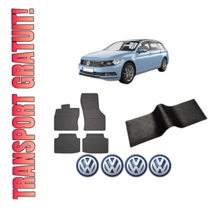 Set 5 covorase auto Volkswagen PASSAT B8 Variant (3G5, CB5) din 2018-2024, cu covoras tunel median, presuri auto din cauciuc, 4x Stickere auto cu Volkswagen