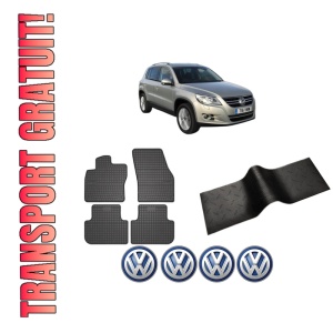 Set 5 covorase auto Volkswagen TIGUAN VAN (5N_) din 2003-2008, cu covoras tunel median, presuri auto din cauciuc, 4x Stickere auto cu Volkswagen