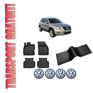Set 5 covorase auto Volkswagen TIGUAN VAN (5N_) din 2003-2008, cu covoras tunel median, presuri auto din cauciuc, 4x Stickere auto cu Volkswagen