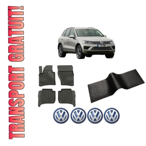 Set 5 covorase auto Volkswagen TOUAREG (7P5, 7P6) din 2013-2020, cu covoras tunel median, presuri auto din cauciuc, 4x Stickere auto cu Volkswagen