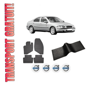 Set 5 covorase auto VOLVO S60 I (384) din 2008-2017, cu covoras tunel median, presuri auto din cauciuc, 4x Stickere auto cu VOLVO