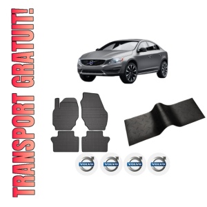 Set 5 covorase auto VOLVO S60 II Cross Country (134) din 2012-2021, cu covoras tunel median, presuri auto din cauciuc, 4x Stickere auto cu VOLVO