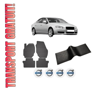 Set 5 covorase auto VOLVO S80 II (124) din 2014-2021, cu covoras tunel median, presuri auto din cauciuc, 4x Stickere auto cu VOLVO