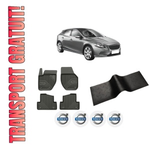 Set 5 covorase auto VOLVO V40 Hatchback (525) din 2006-2013, cu covoras tunel median, presuri auto din cauciuc, 4x Stickere auto cu VOLVO
