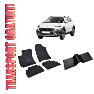 Set 5 covorase HYUNDAI KONA HYBRID din 09.2019-03.2023, cu covoras tunel median, CAROSERIE SUV, Presuri cauciuc 100%, compatibil cu autoturismul HYUNDAI KONA HYBRID, Rigum