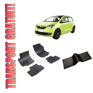 Set 5 covorase SKODA CITIGO din 10.2011-2019, cu covoras tunel median, CAROSERIE HATCHBACK, Presuri cauciuc 100%, compatibil cu autoturismul SKODA CITIGO, Rigum
