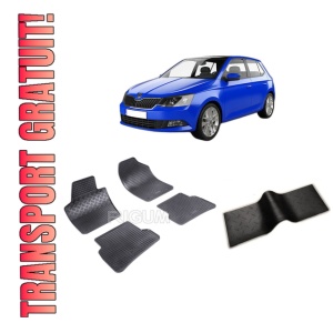 Set 5 covorase SKODA FABIA III din 11.2014-08.2021, cu covoras tunel median, CAROSERIE HATCHBACK, Presuri cauciuc 100%, compatibil cu autoturismul SKODA FABIA III, Rigum
