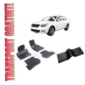 Set 5 covorase SKODA Octavia II din 03.2004-01.2013, cu covoras tunel median, CAROSERIE SEDAN, Presuri cauciuc 100%, compatibil cu autoturismul SKODA Octavia II, Rigum