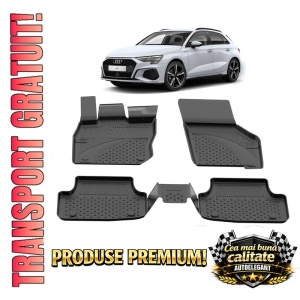Set covorase Audi A3 din 2021, covorase presuri tavita auto, cu tunel median intermediar din cauciuc thermoplastic, 4 Stickere auto cu Audi