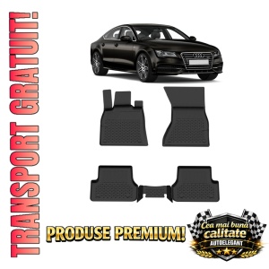Set covorase Audi A7 Sportback din 2010 - 2018, covorase presuri tavita auto, cu tunel median intermediar din cauciuc thermoplastic, 4 Stickere auto cu Audi