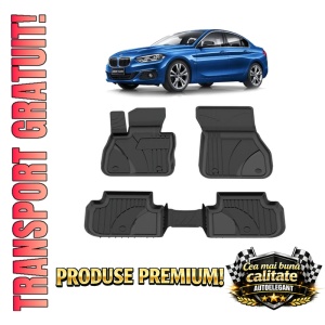 Set covorase BMW Seria 1 F41 din 2019-2024, covorase presuri tavita auto, cu tunel median intermediar din cauciuc thermoplastic, 4 Stickere auto cu BMW