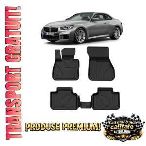 Set covorase BMW Seria 2 F45 Gran Coupe din 2014-2021, covorase presuri tavita auto, cu tunel median intermediar din cauciuc thermoplastic, 4 Stickere auto cu BMW