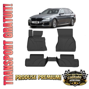 Set covorase BMW Seria 5 G31 din 2017 - 2023, covorase presuri tavita auto, cu tunel median intermediar din cauciuc thermoplastic, 4 Stickere auto cu BMW