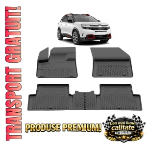 Set covorase Citroen C5 AIRCROSS din 2017, covorase presuri tavita auto, cu tunel median intermediar din cauciuc thermoplastic, 4 Stickere auto cu Citroen