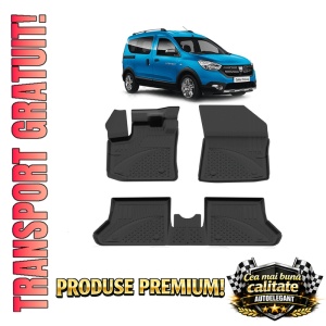 Set covorase Dacia Dokker din 2012 - 2021, covorase presuri tavita auto, cu tunel median intermediar din cauciuc thermoplastic, 4 Stickere auto cu Dacia