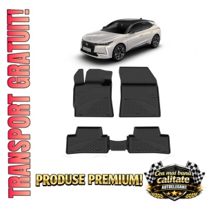 Set covorase DS 4 II din 2021, covorase presuri tavita auto, cu tunel median intermediar din cauciuc thermoplastic, 4 Stickere auto cu DS