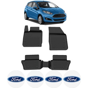 Set covorase Ford Fiesta din 2008 - 2016, covorase presuri tavita auto, cu tunel median intermediar din cauciuc thermoplastic, 4 Stickere auto cu Ford - Img 2