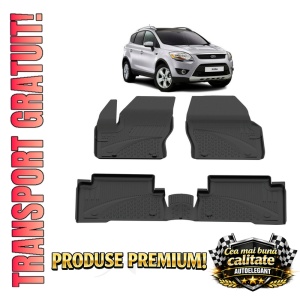 Set covorase Ford Kuga I din 2008 - 2012, covorase presuri tavita auto, cu tunel median intermediar din cauciuc thermoplastic, 4 Stickere auto cu Ford