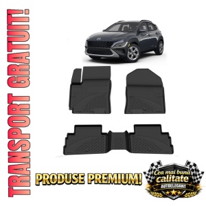 Set covorase Hyundai Kona I din 2017 - 2023, covorase presuri tavita auto, cu tunel median intermediar din cauciuc thermoplastic, 4 Stickere auto cu Hyundai