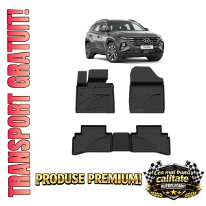 Set covorase Hyundai Tucson IV din 2021 fara Hybrid, covorase presuri tavita auto, cu tunel median intermediar din cauciuc thermoplastic, 4 Stickere auto cu Hyundai
