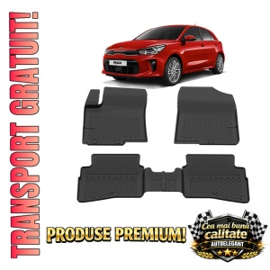 Set covorase Kia Rio III Hatchback din 2011 - 2017, covorase presuri tavita auto, cu tunel median intermediar din cauciuc thermoplastic, 4 Stickere auto cu Kia