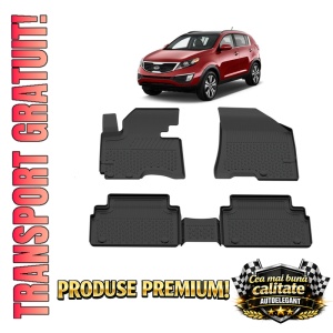 Set covorase Kia Sportage III din 2010 - 2015, covorase presuri tavita auto, cu tunel median intermediar din cauciuc thermoplastic, 4 Stickere auto cu Kia