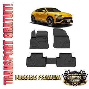 Set covorase Lamborghini Urus din 2018, covorase presuri tavita auto, cu tunel median intermediar din cauciuc thermoplastic, 4 Stickere auto cu Lamborghini