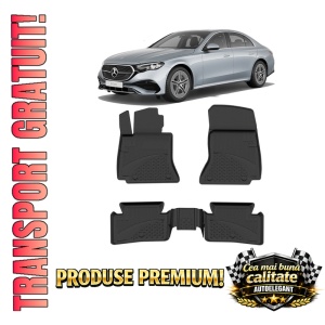 Set covorase Mercedes E-Class W214 din 2023, covorase presuri tavita auto, cu tunel median intermediar din cauciuc thermoplastic, 4 Stickere auto cu Mercedes