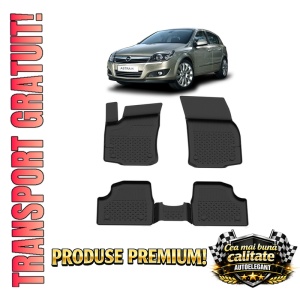 Set covorase Opel Astra III H din 2004 - 2009, covorase presuri tavita auto, cu tunel median intermediar din cauciuc thermoplastic, 4 Stickere auto cu Opel