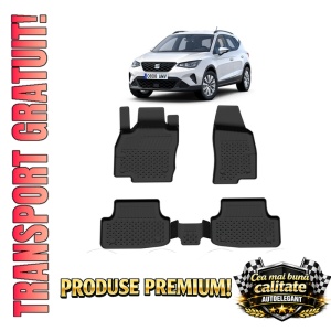 Set covorase Seat Arona din 2017, covorase presuri tavita auto, cu tunel median intermediar din cauciuc thermoplastic, 4 Stickere auto cu Seat