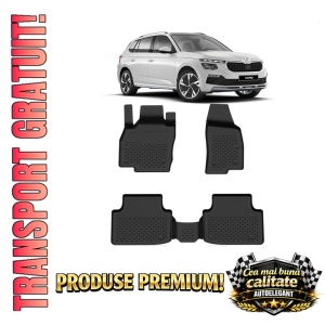 Set covorase Skoda Kamiq din 2019, covorase presuri tavita auto, cu tunel median intermediar din cauciuc thermoplastic, 4 Stickere auto cu Skoda