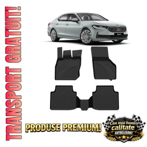Set covorase Skoda Superb IV din 2024, covorase presuri tavita auto, cu tunel median intermediar din cauciuc thermoplastic, 4 Stickere auto cu Skoda
