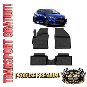 Set covorase Toyota Yaris Hybrid din 2020, covorase presuri tavita auto, cu tunel median intermediar din cauciuc thermoplastic, 4 Stickere auto cu Toyota
